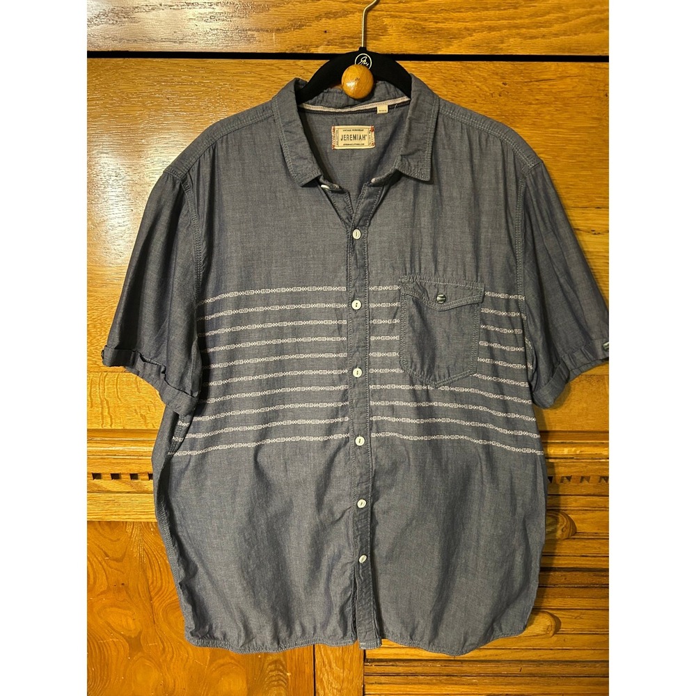 Jeremiah Nautical Blue Chambray Tribal Stripe Short Sleeve Button Down Shirt Vtg